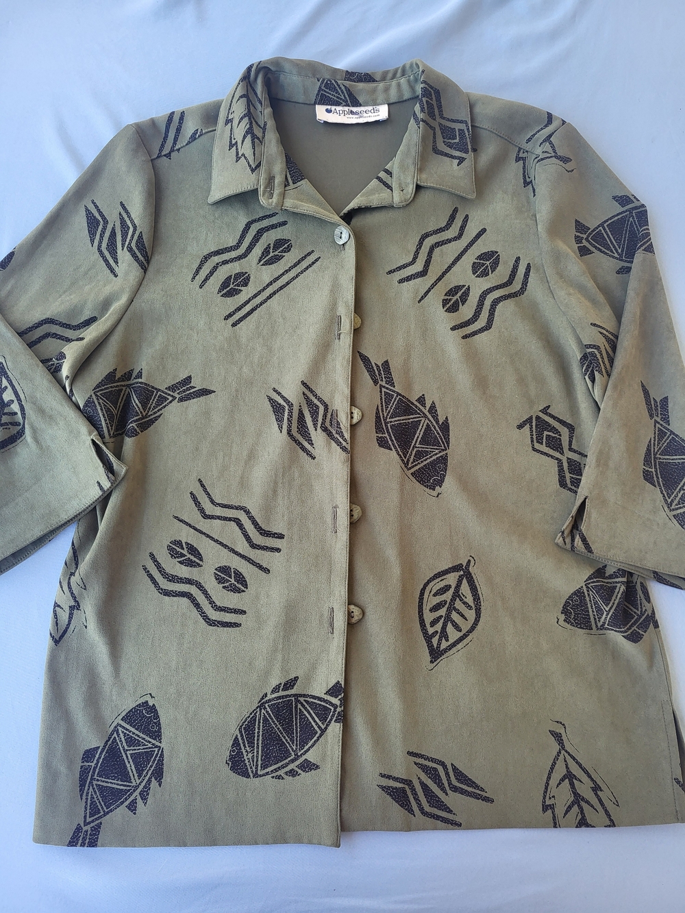 Appleseed's Olive Green Casual Button-Down with Black Fish & Leaf Print